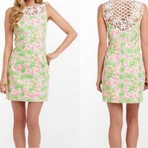 Lilly Pulitzer Pink & Green Palm Tree Crochet-Yoke Shift Dress